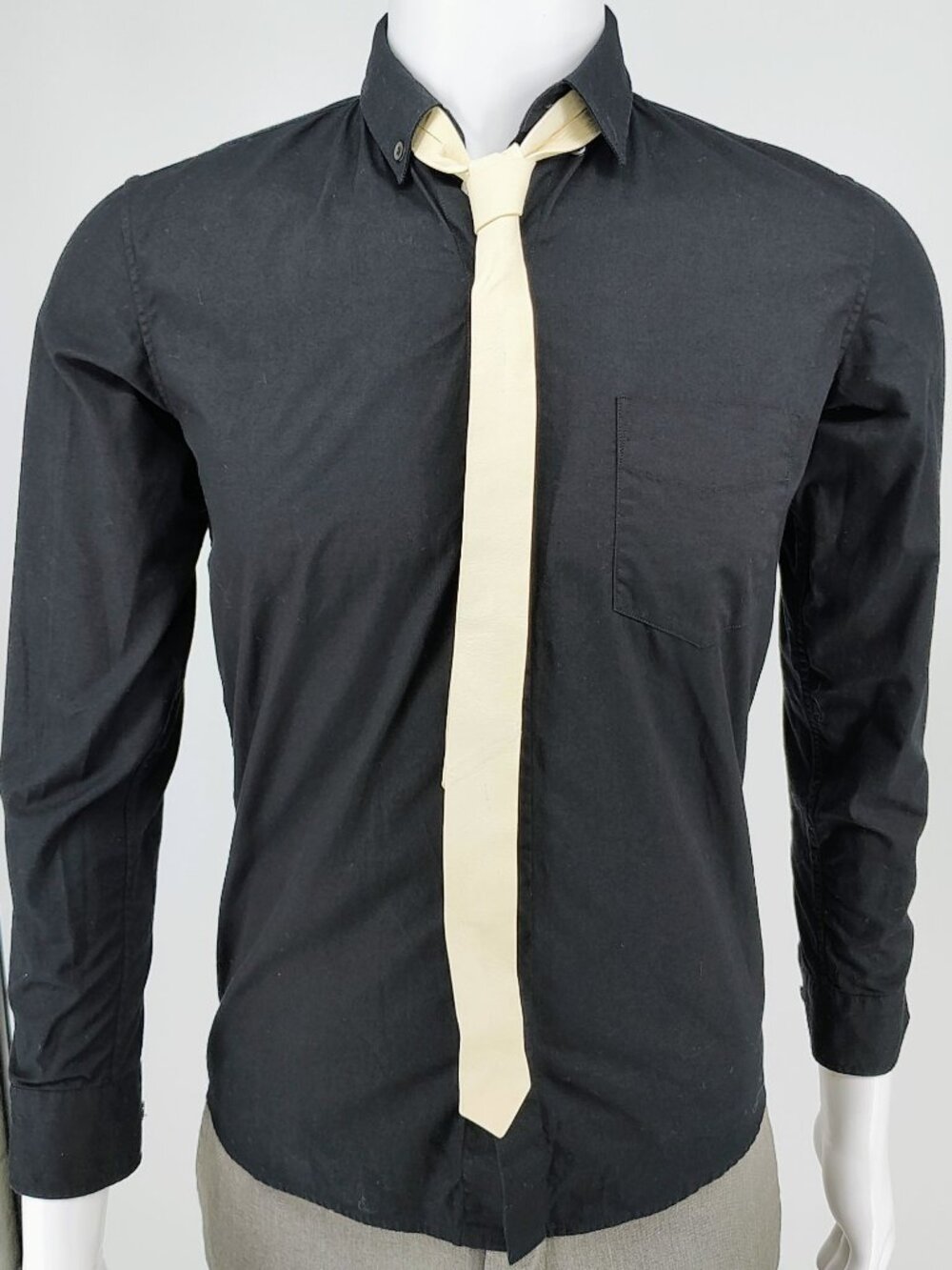 R13 2015 F/W Unisex Luxury Black Button-Down Shirt With Beige Leather Tie (XS)